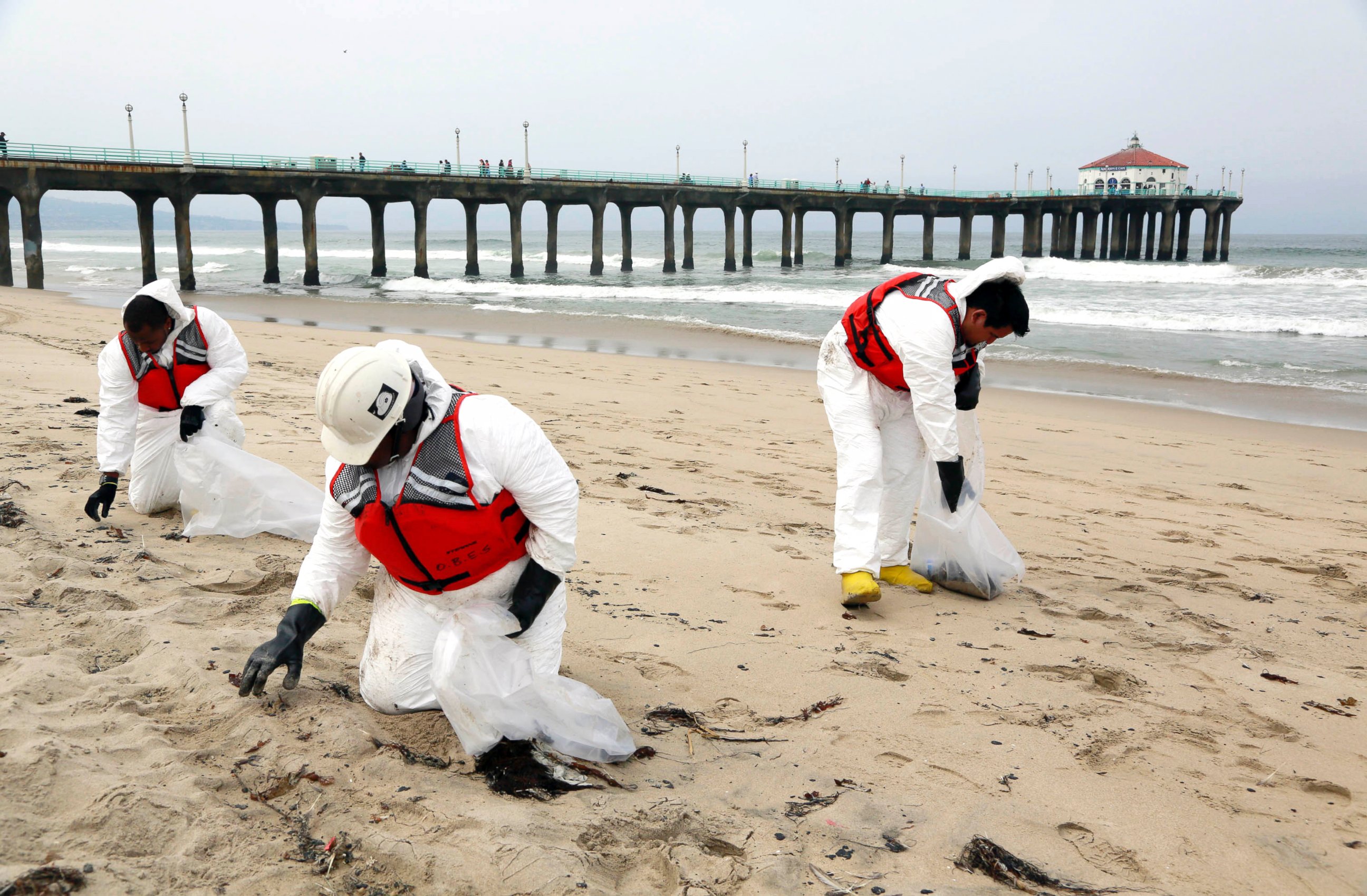 PHOTO: A cleanup crew collects balls of tar that washed ashore in Manhattan Beach, Calif., May 28, 2015.