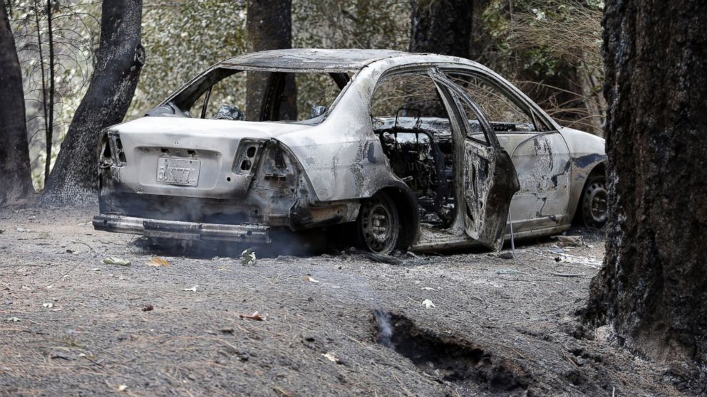 PHOTO: The charred remains of a car belonging to Leonard Neft, who has been missing since a wildfire tore through the area and destroyed his home days earlier, sits in the Anderson Springs area Wednesday, Sept. 16, 2015, near Middletown, Calif.