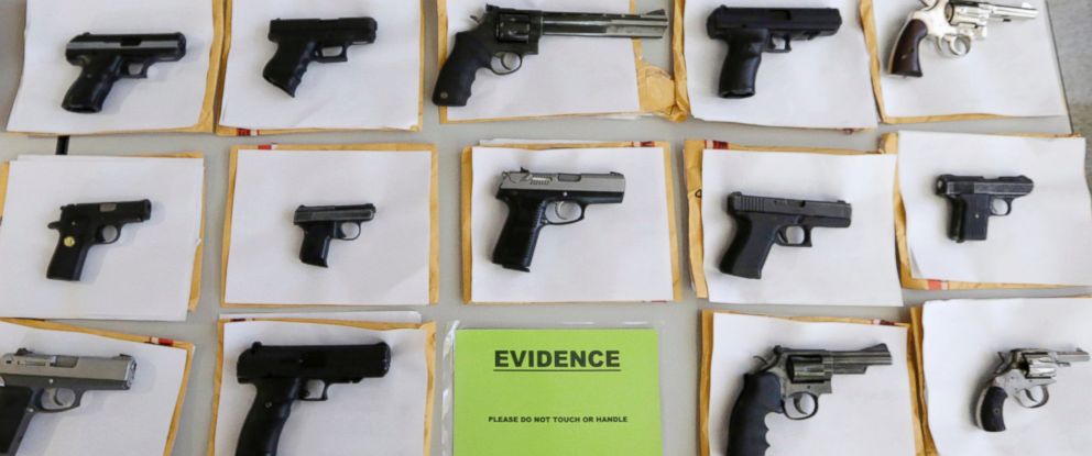 PHOTO: In this July 7, 2014 file photo, Chicago police display some of the thousands of illegal firearms they confiscated during the year in their battle against gun violence in Chicago. 