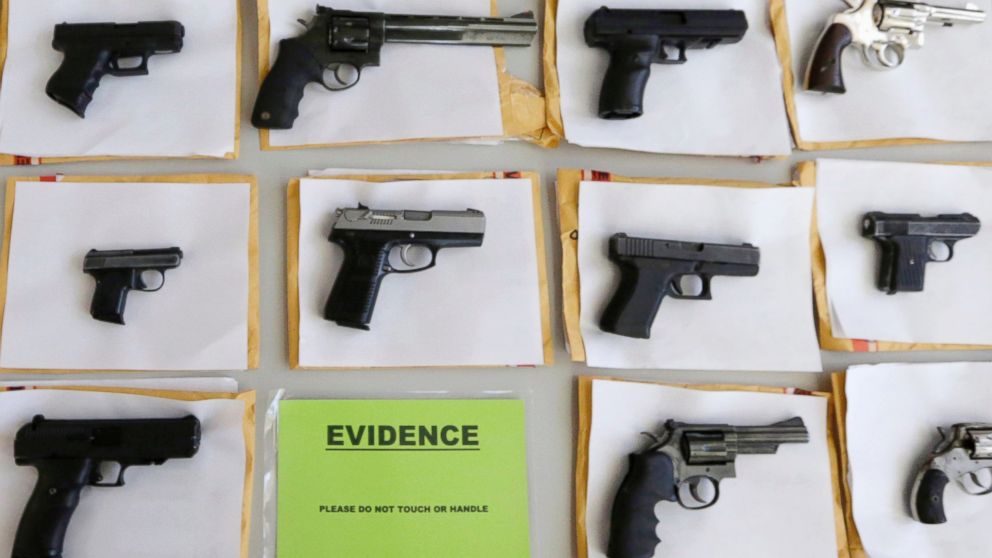 PHOTO: In this July 7, 2014 file photo, Chicago police display some of the thousands of illegal firearms they confiscated during the year in their battle against gun violence in Chicago. 