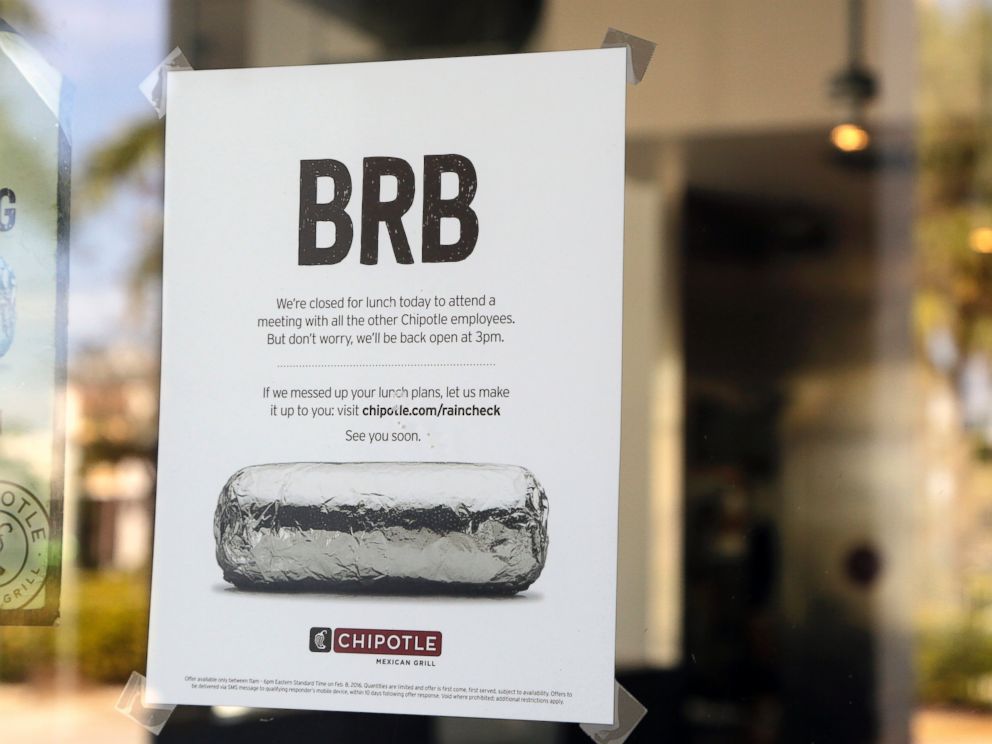 PHOTO: A sign on the door of a Chipotle restaurant indicates the store is closed until 3 p.m., Feb. 8, 2016, in Delray Beach, Fla. 