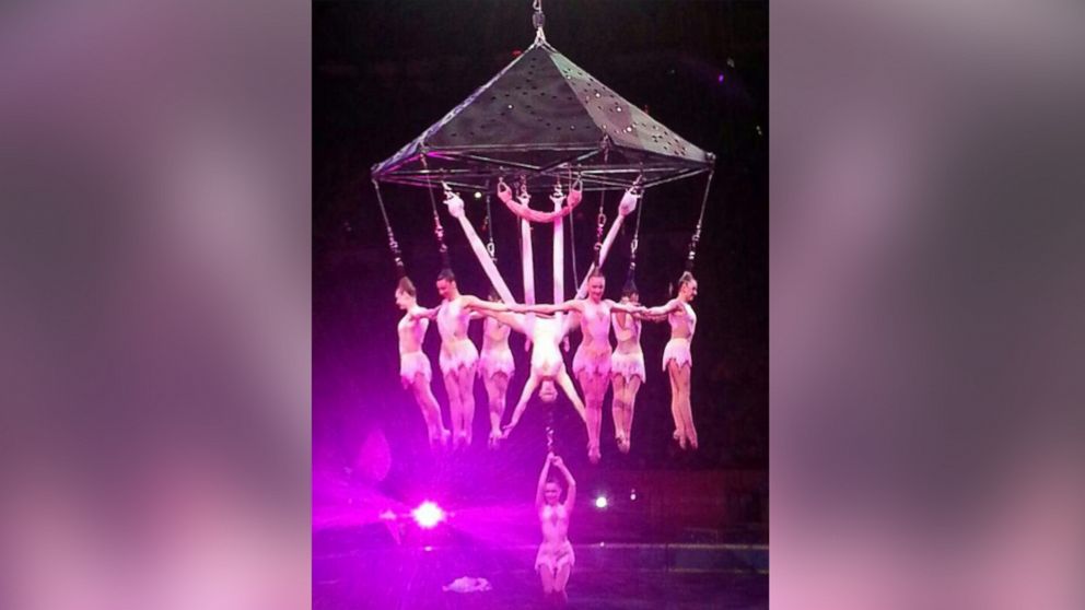 PHOTO: Performers hang during an aerial hair-hanging stunt at the Ringling Brothers and Barnum and Bailey Circus, Friday, May 2, 2014, in Providence, R.I. 