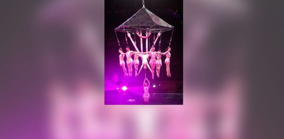 PHOTO: Performers hang during an aerial hair-hanging stunt at the Ringling Brothers and Barnum and Bailey Circus, Friday, May 2, 2014, in Providence, R.I. 