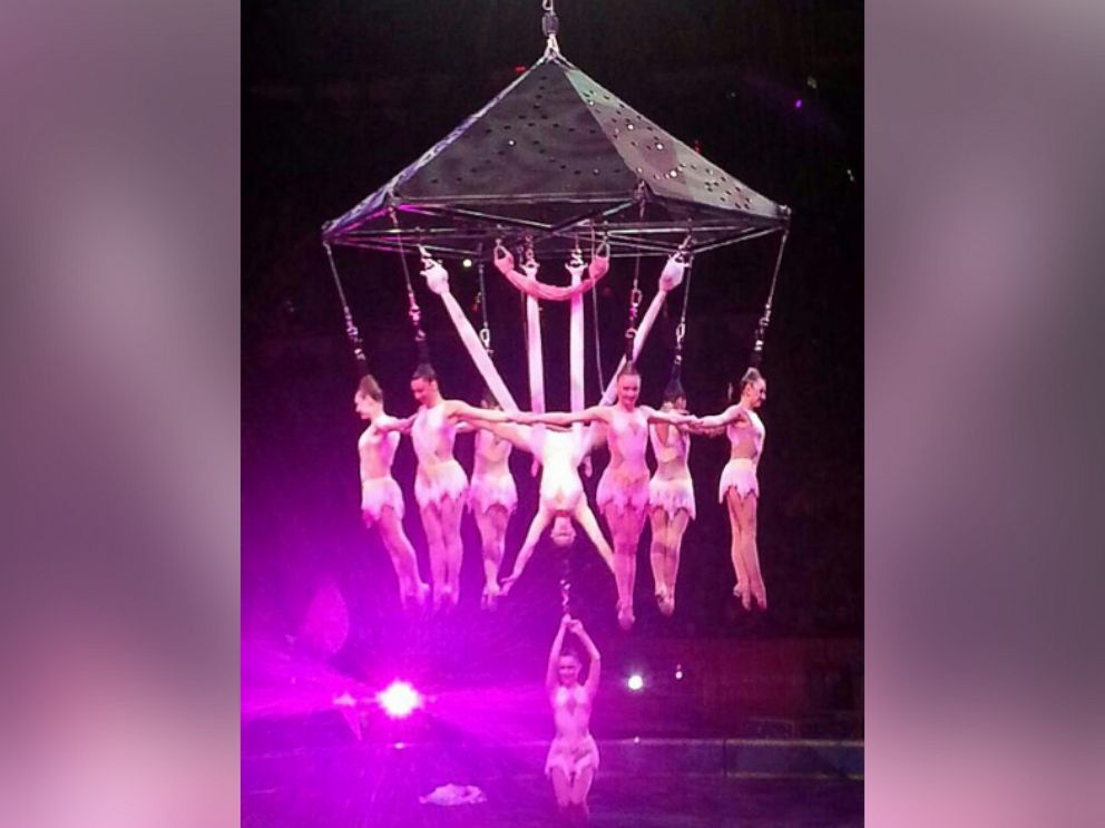 PHOTO: Performers hang during an aerial hair-hanging stunt at the Ringling Brothers and Barnum and Bailey Circus, Friday, May 2, 2014, in Providence, R.I.
