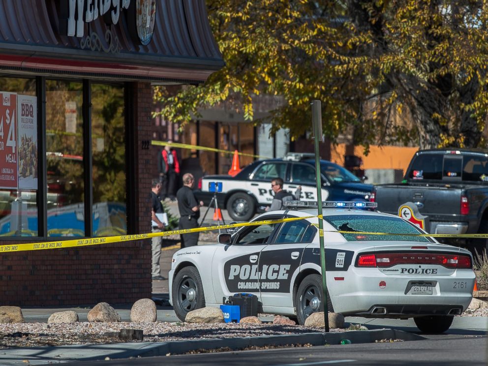 PHOTO: The rear window of a Colorado Springs Police car is shattered after a shooting, Oct. 31, 2015, in Colorado Springs, Colo.