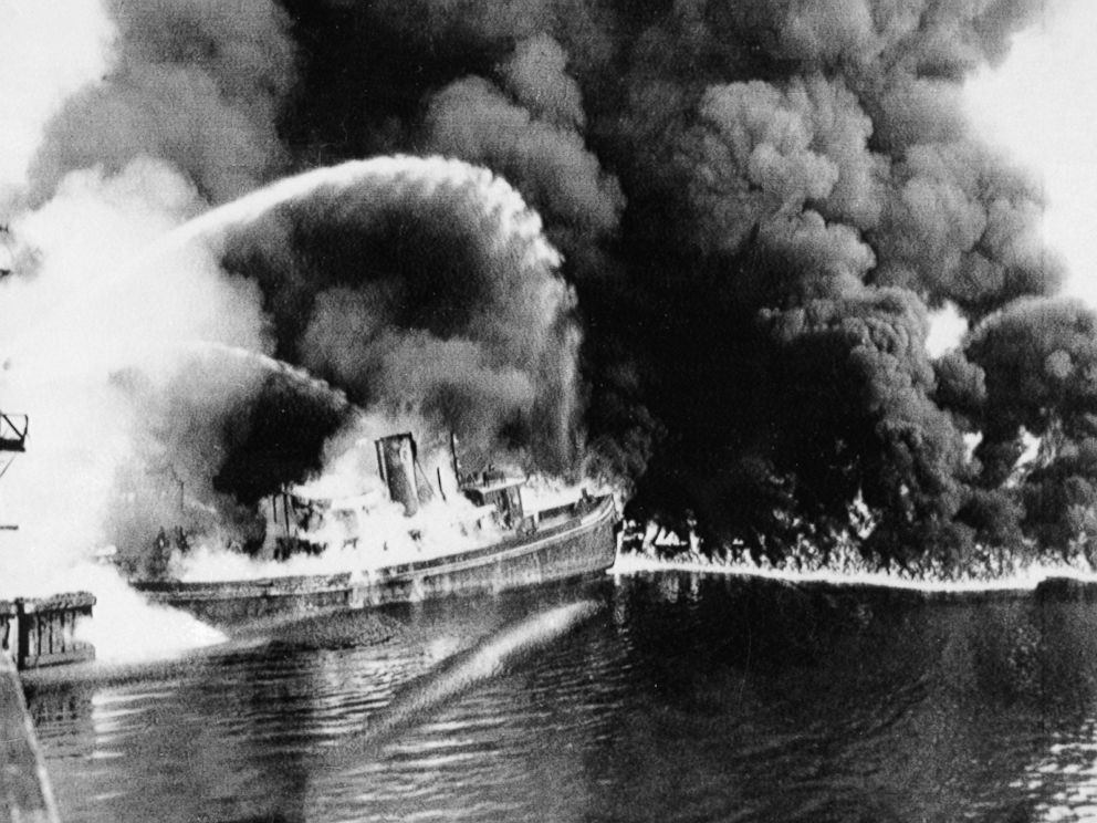 PHOTO: A fire tug fights flames on the Cuyahoga River near downtown Cleveland, where oil and other industrial wastes caught fire June 25, 1952.