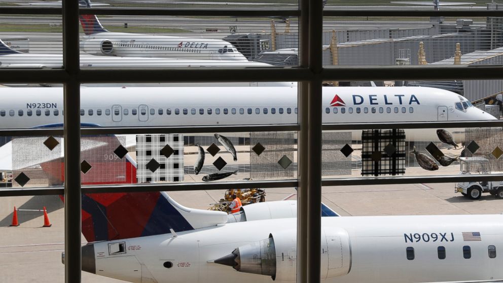 In this Monday, Aug. 8, 2016, file photo, Delta Air Lines planes are parked at Ronald Reagan Washington National Airport, in Washington. 