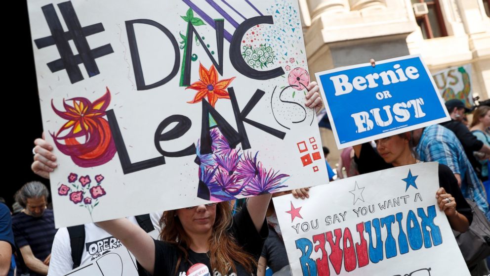 Demonstrators make their way around downtown, July 25, 2016, in Philadelphia, during the first day of the Democratic National Convention. 