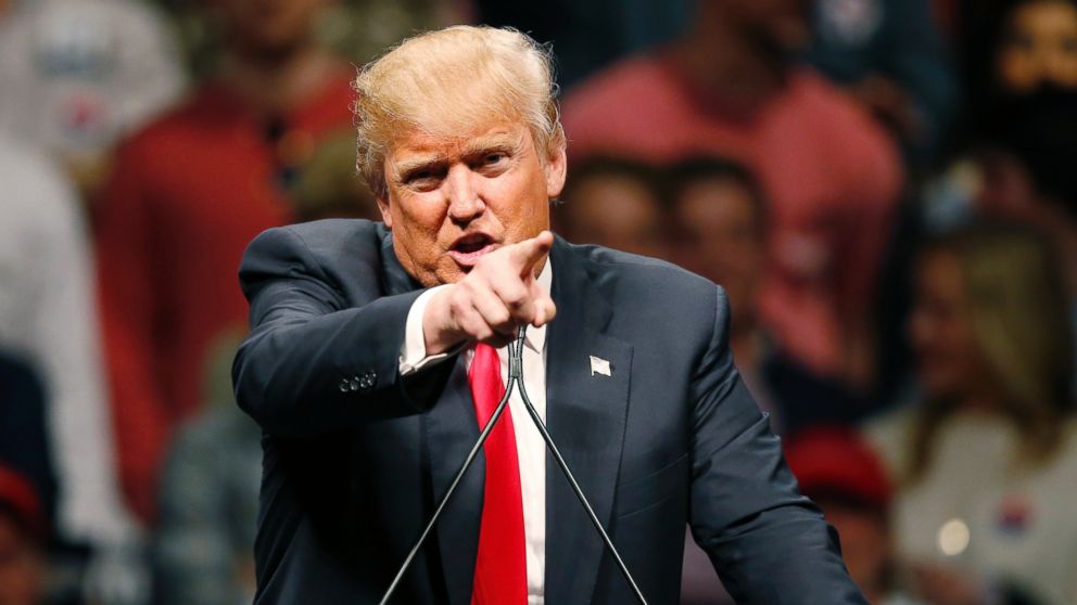Republican presidential candidate Donald Trump gestures during a speech at a rally in Oklahoma City, Feb. 26, 2016. 