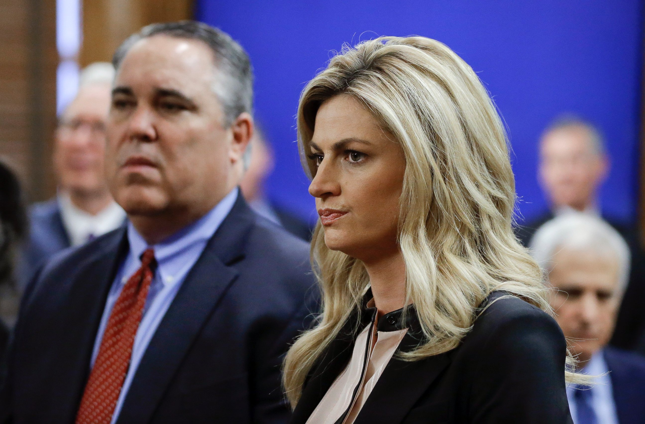 PHOTO: Sportscaster and television host Erin Andrews, right, stands with attorney Scott Carr, left, as they wait for the jury to enter the courtroom before closing arguments, March 4, 2016, in Nashville, Tenn.