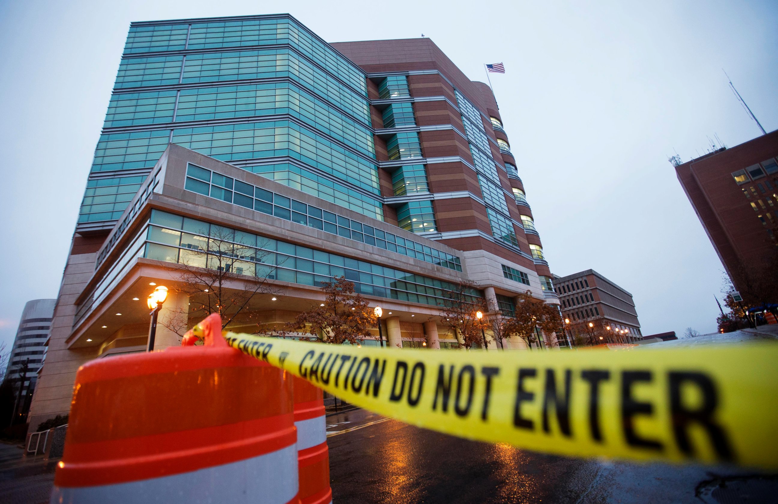 PHOTO: Barricades line the exterior of the Buzz Westfall Justice Center in Clayton, Mo., Nov. 23, 2014.