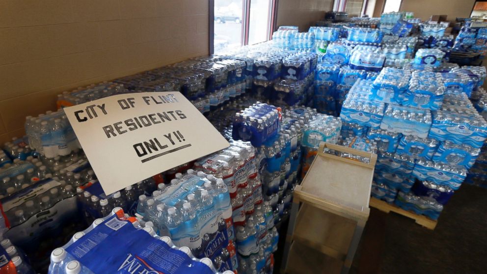 PHOTO: Hundreds of cases of bottled water are stored at Our Lady of Guadalupe Church in Flint, Mich., Feb. 5, 2016.