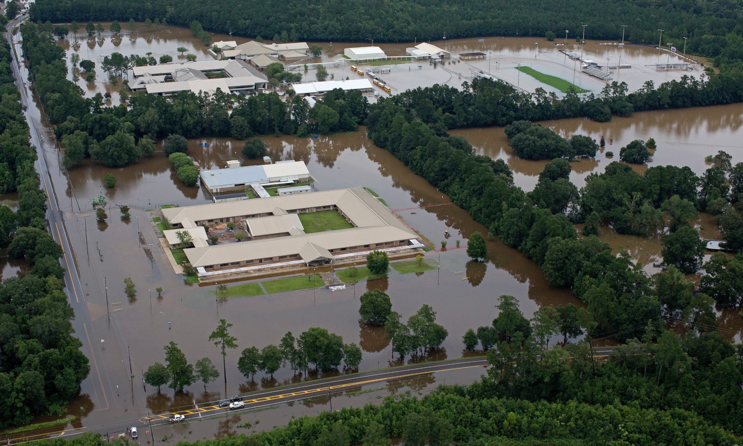 PHOTO: This aerial photo over Hammond, Louisiana, shows flooded Hammond Eastside Elementary Magnet School and Hammond High Magnet School after heavy rains inundated the region, Aug. 13, 2016.