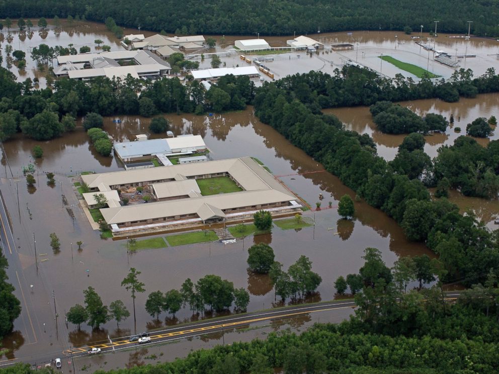 PHOTO: This aerial photo over Hammond, Louisiana, shows flooded Hammond Eastside Elementary Magnet School and Hammond High Magnet School after heavy rains inundated the region, Aug. 13, 2016.