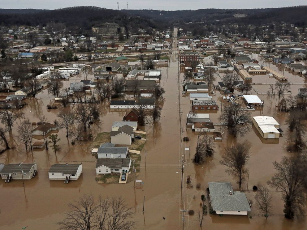 PHOTO: A northern view of 1st Street where homes were flooded, Dec. 29, 2015, in Pacific, Mo. Torrential rains over the past several days pushed already swollen rivers and streams to virtually unheard-of heights in parts of Missouri and Illinois.
