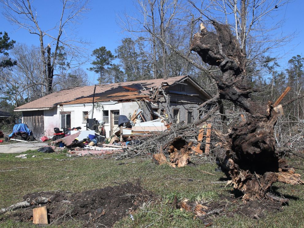 PHOTO: Large trees are toppled in the yard of a home that was damaged by severe weather in Century, Fla., Feb. 16, 2016. 