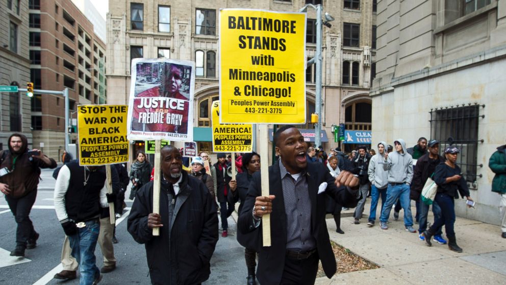 PHOTO: Demonstrators protest outside of the courthouse after a mistrial was declared in the trial of Officer William Porter, one of six Baltimore city police officers charged in connection to the death of Freddie Gray, Dec. 16, 2015, in Baltimore.