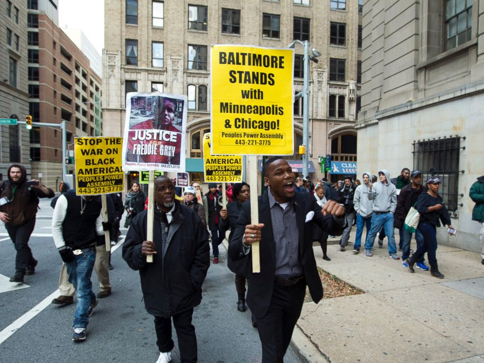 PHOTO: Demonstrators protest outside of the courthouse after a mistrial was declared in the trial of Officer William Porter, one of six Baltimore city police officers charged in connection to the death of Freddie Gray, Dec. 16, 2015, in Baltimore.