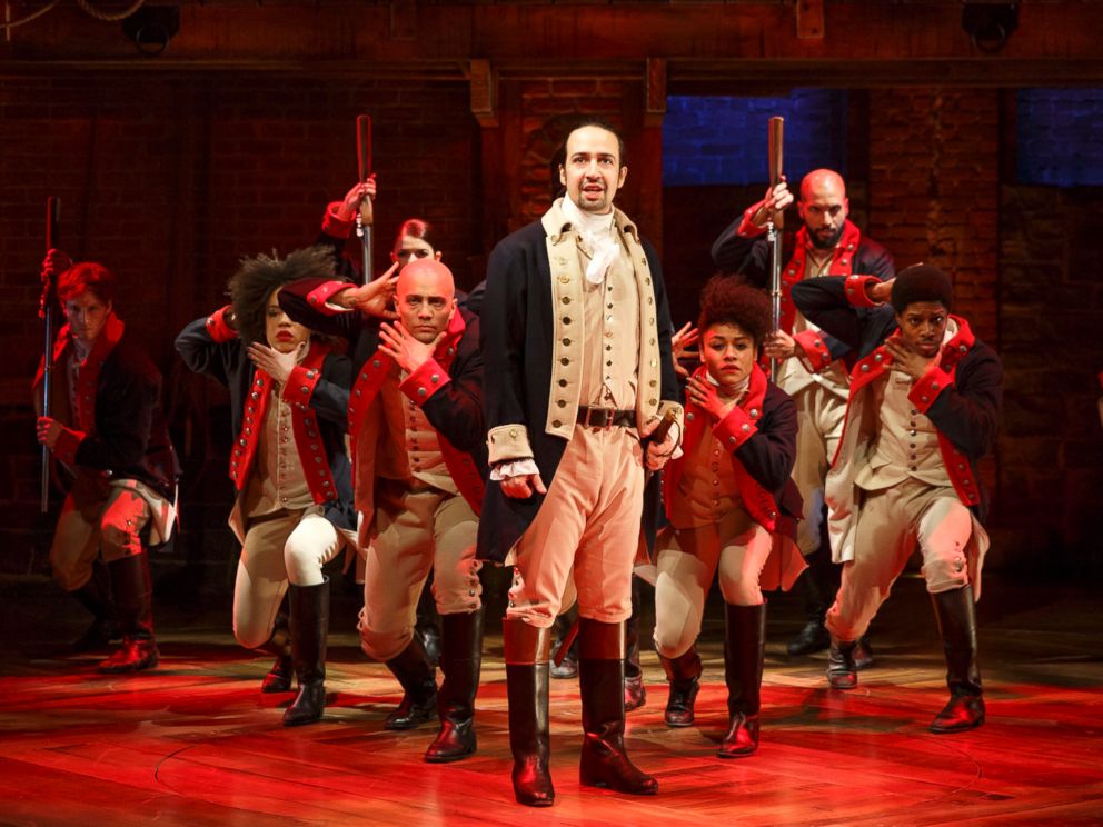 PHOTO: This undated image released by The Public Theater shows Lin-Manuel Miranda, foreground, with the cast during a performance of "Hamilton," in New York. 