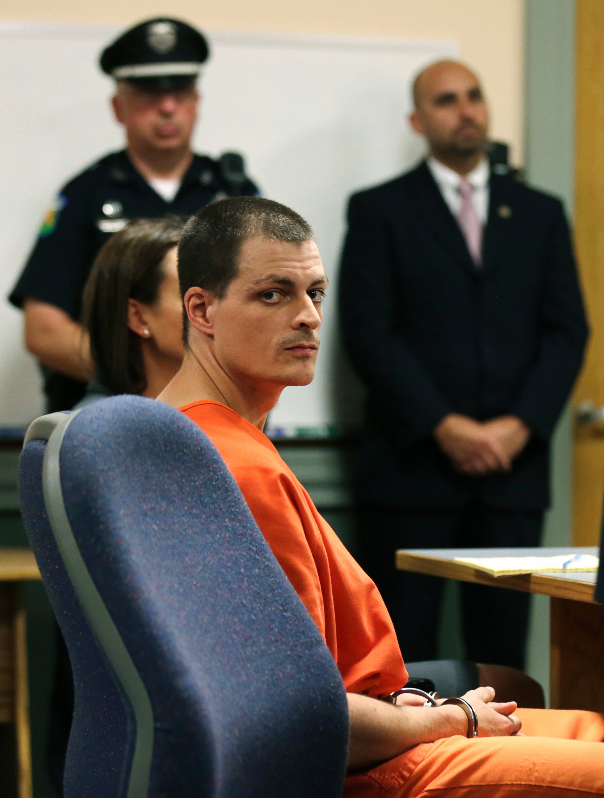 PHOTO: Nathaniel Kibby, 34, listens during his arraignment at Conway District Court in Conway, N.H., July 29, 2014.
