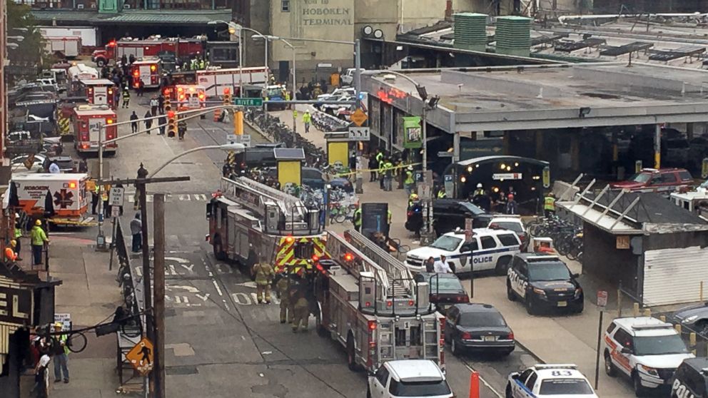 Emergency personnel arrive at the scene of a train crash in Hoboken, New Jersey, Sept. 29, 2016. 