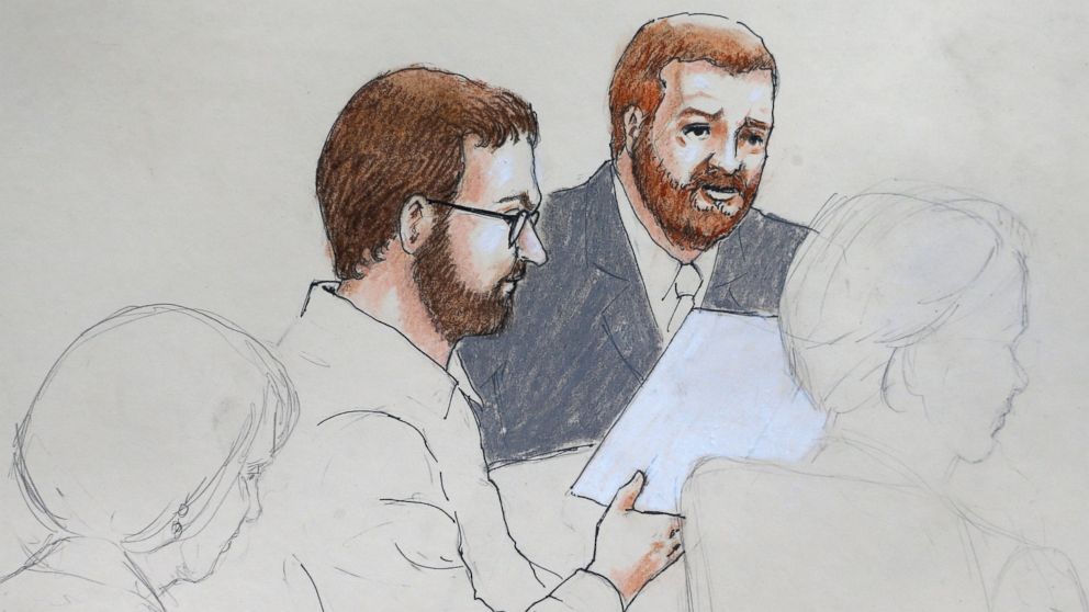 In this Monday, April 27, 2015 sketch by courtroom artist Jeff Kandyba, Aurora theater shooting defendant James Holmes, center left, and defense attorney Daniel King sit in court at the Arapahoe County Justice Center on the first day of Holmes' trial, in Centennial, Colo.