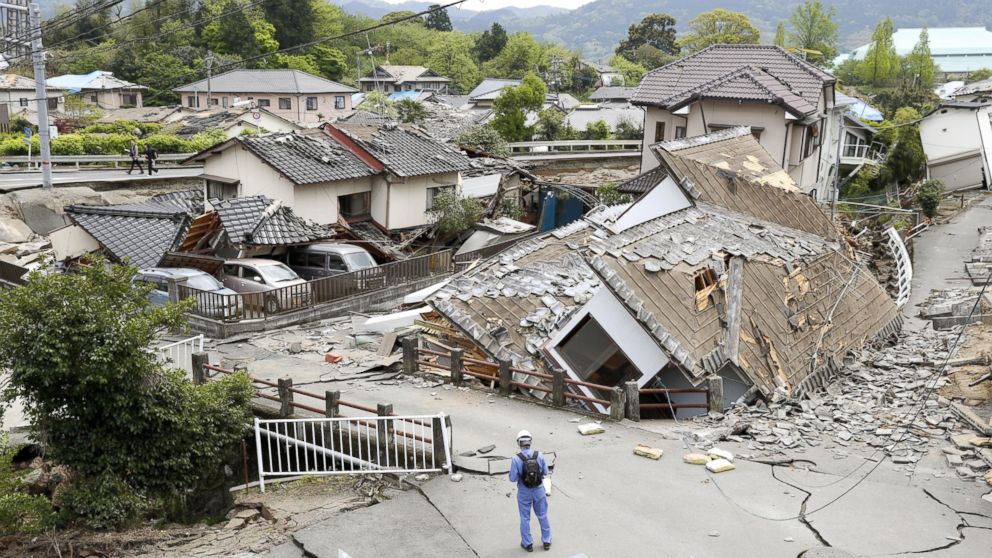 PHOTO: Resident houses are seen destroyed after an earthquake in Mashiki, Kumamoto prefecture, in southern Japan on Saturday, April 16, 2016.