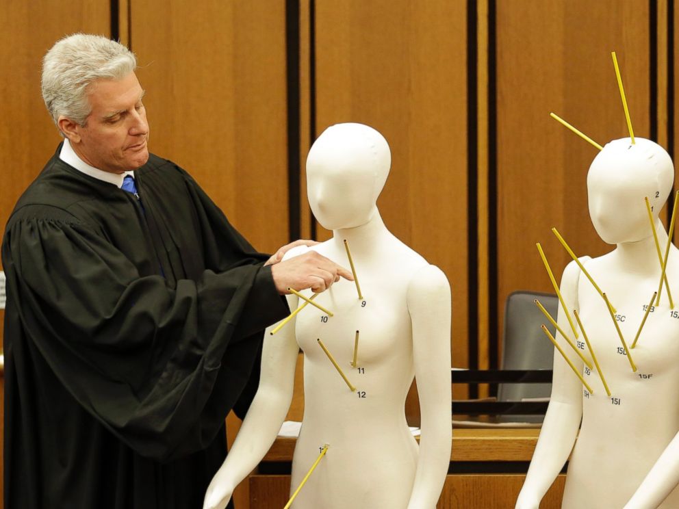 PHOTO: County Common Pleas Court Judge John ODonnell points to mannequins marked with the gunshot wounds that the two motorists suffered Saturday, May 23, 2015, in Cleveland.