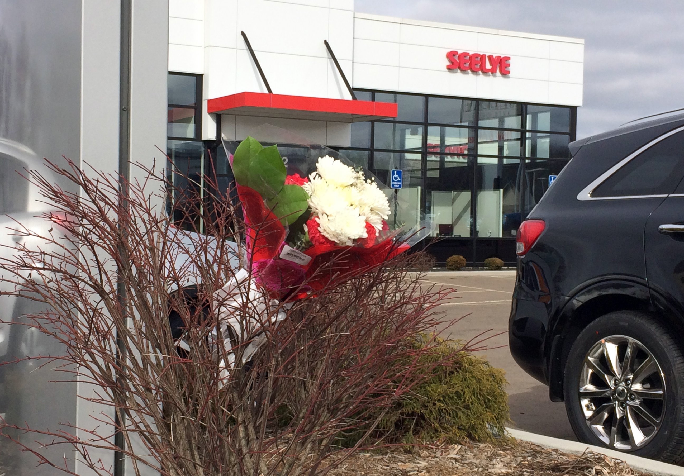 PHOTO: Flowers are place in front of a car dealership, the scene of a random shooting, Feb. 21, 2016 in Kalamazoo, Mich.