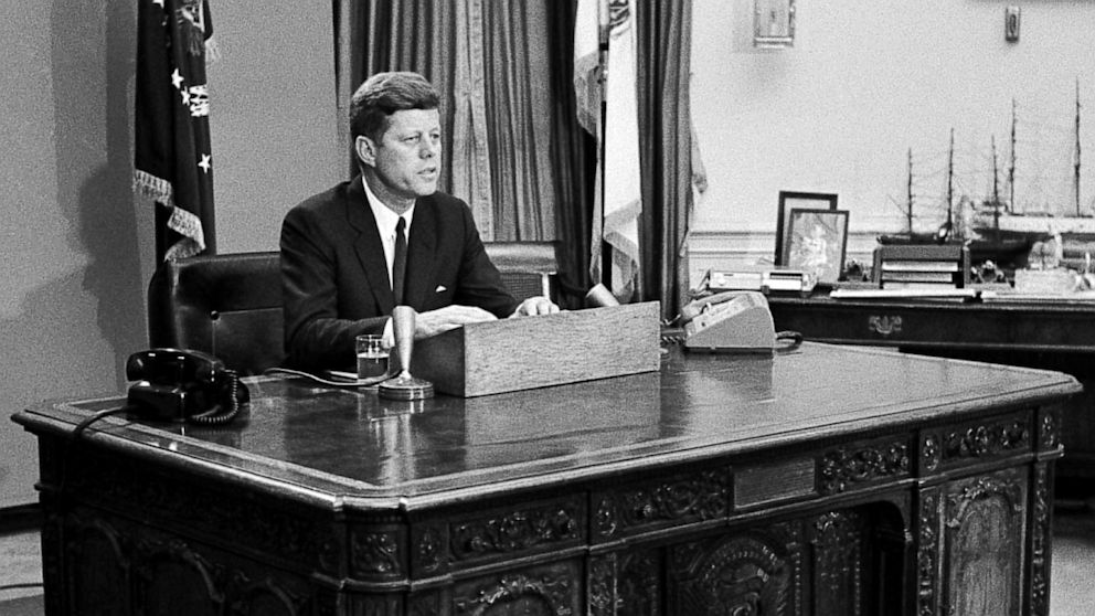 President John F. Kennedy makes a nation-wide televised broadcast on civil rights in the White House, June 11, 1963. 