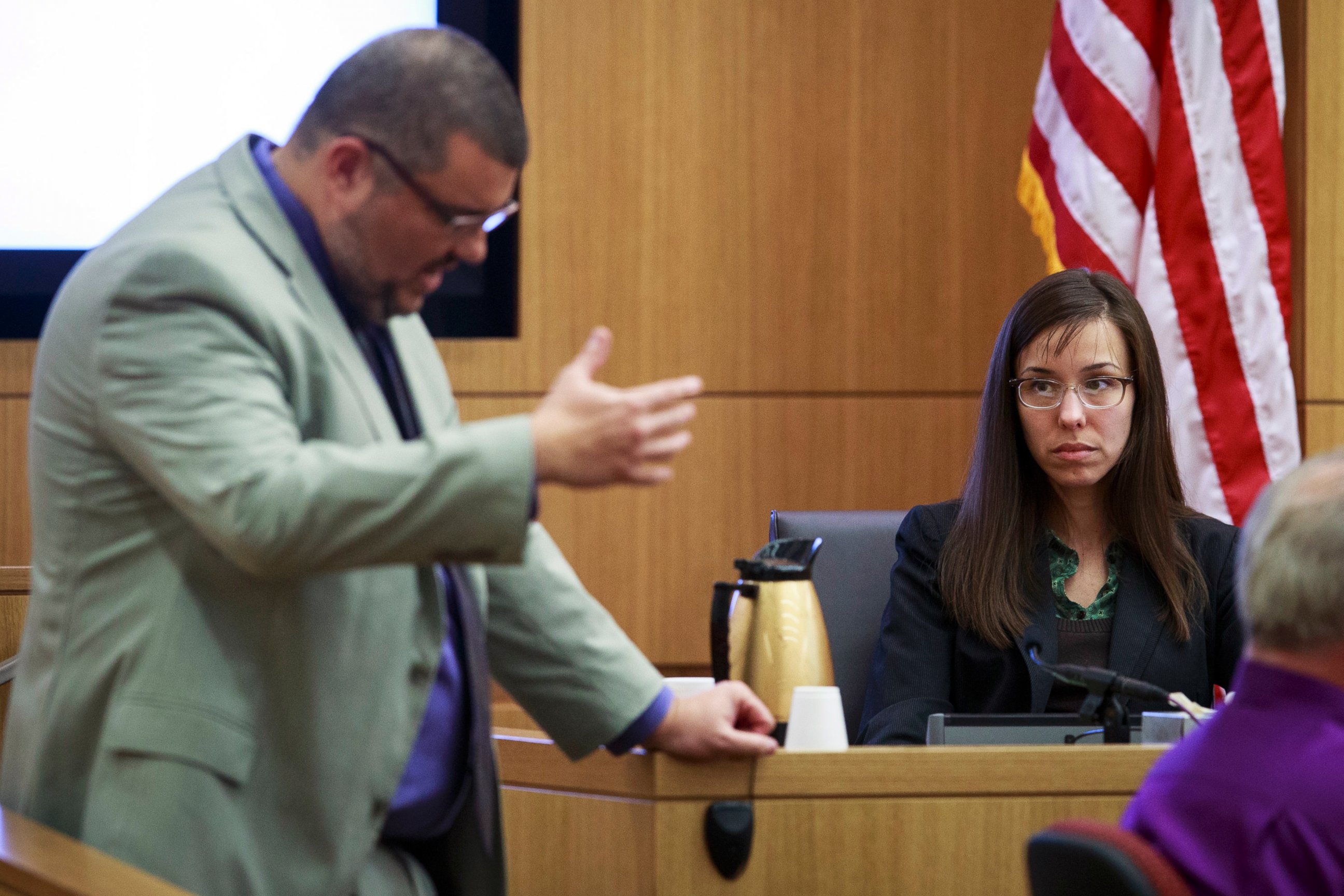 PHOTO: Defense attorney Kirk Nurmi questions defendant Jodi Arias about her relationship with Travis Alexander during her trial at Judge Sherry Stephens' Superior Court, Feb. 6, 2013.