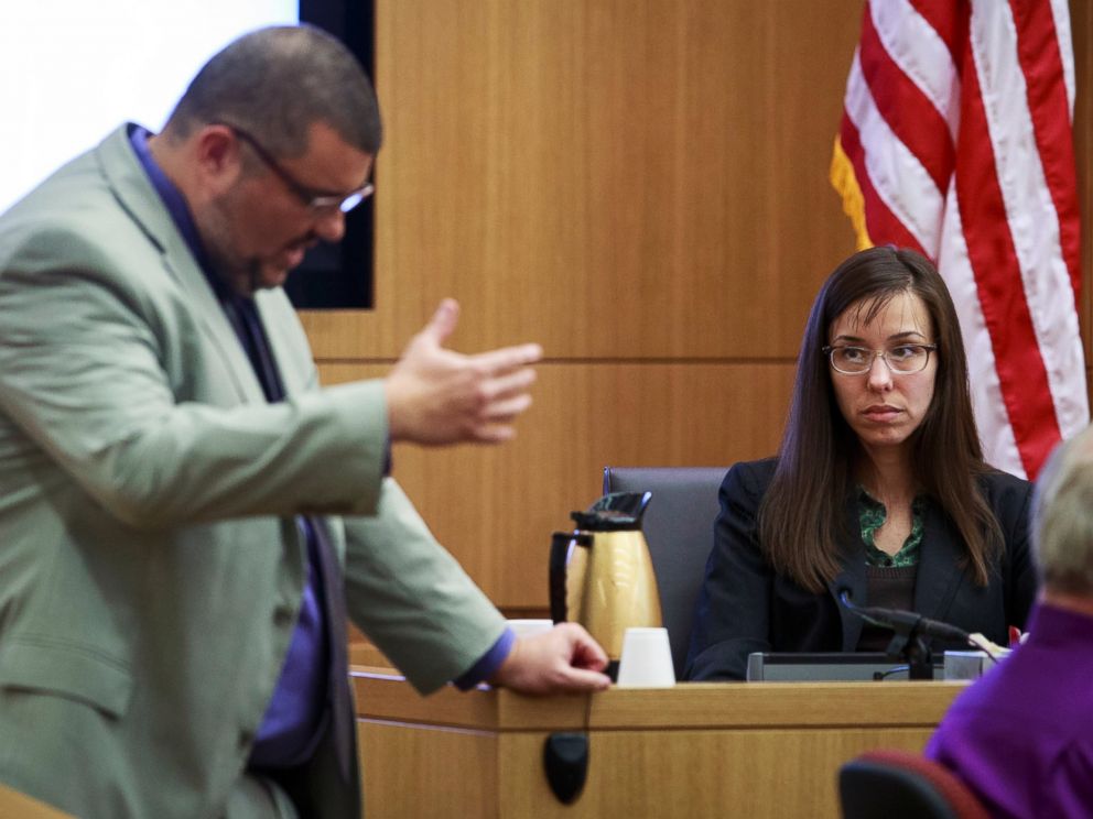 PHOTO: Defense attorney Kirk Nurmi questions defendant Jodi Arias about her relationship with Travis Alexander during her trial at Judge Sherry Stephens Superior Court, Feb. 6, 2013.