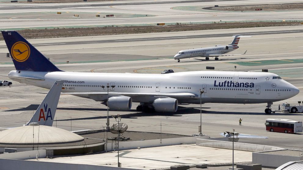 A Lufthansa Boeing 748 (B748) is towed to a gate at Los Angeles International Airport in this Sept. 4, 2013 file photo.