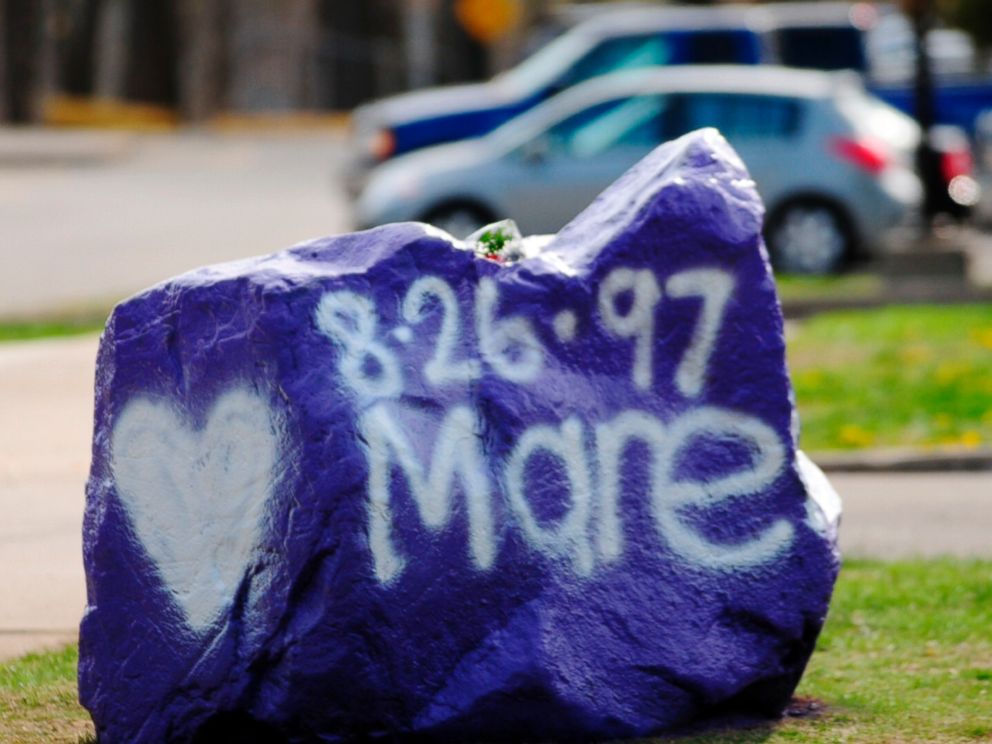 PHOTO: A rock spray-painted by students in memory of 16-year-old stabbing victim Maren Sanchez sits outside Jonathan Law High School in Milford, Conn. on Friday, April 25, 2014.