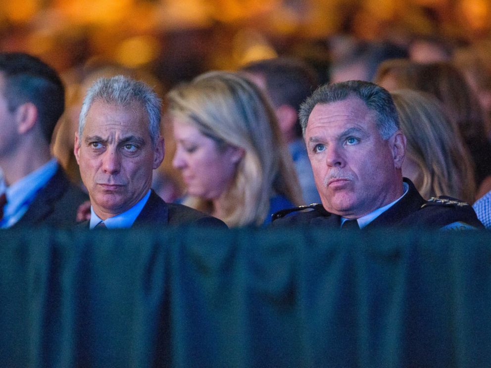 PHOTO: Chicago Mayor Rahm Emanuel and Chicago Police Superintendent Garry McCarthy listen as President Barack Obama speaks at the International Association of Chiefs of Police in Chicago, Oct. 27, 2015.