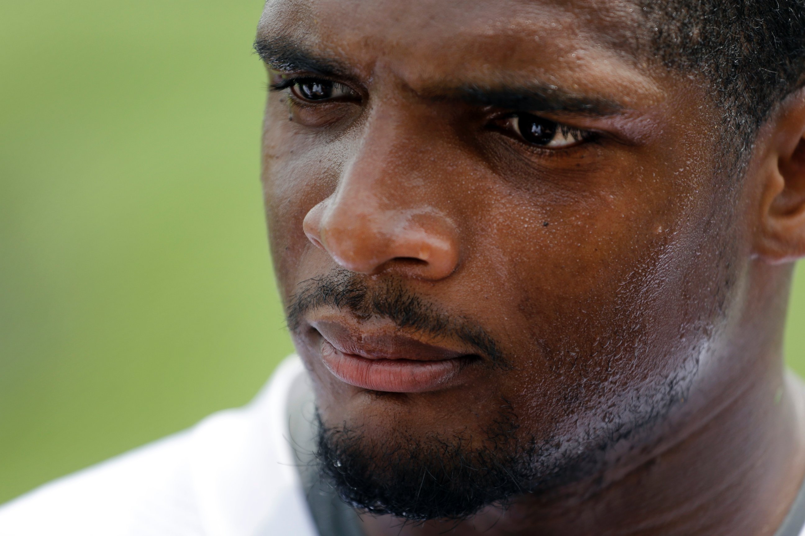 PHOTO: St. Louis Rams defensive end Michael Sam listens to a question while meeting with the media following an organized team activity at the NFL football team's practice facility in St. Louis, June 6, 2014. 