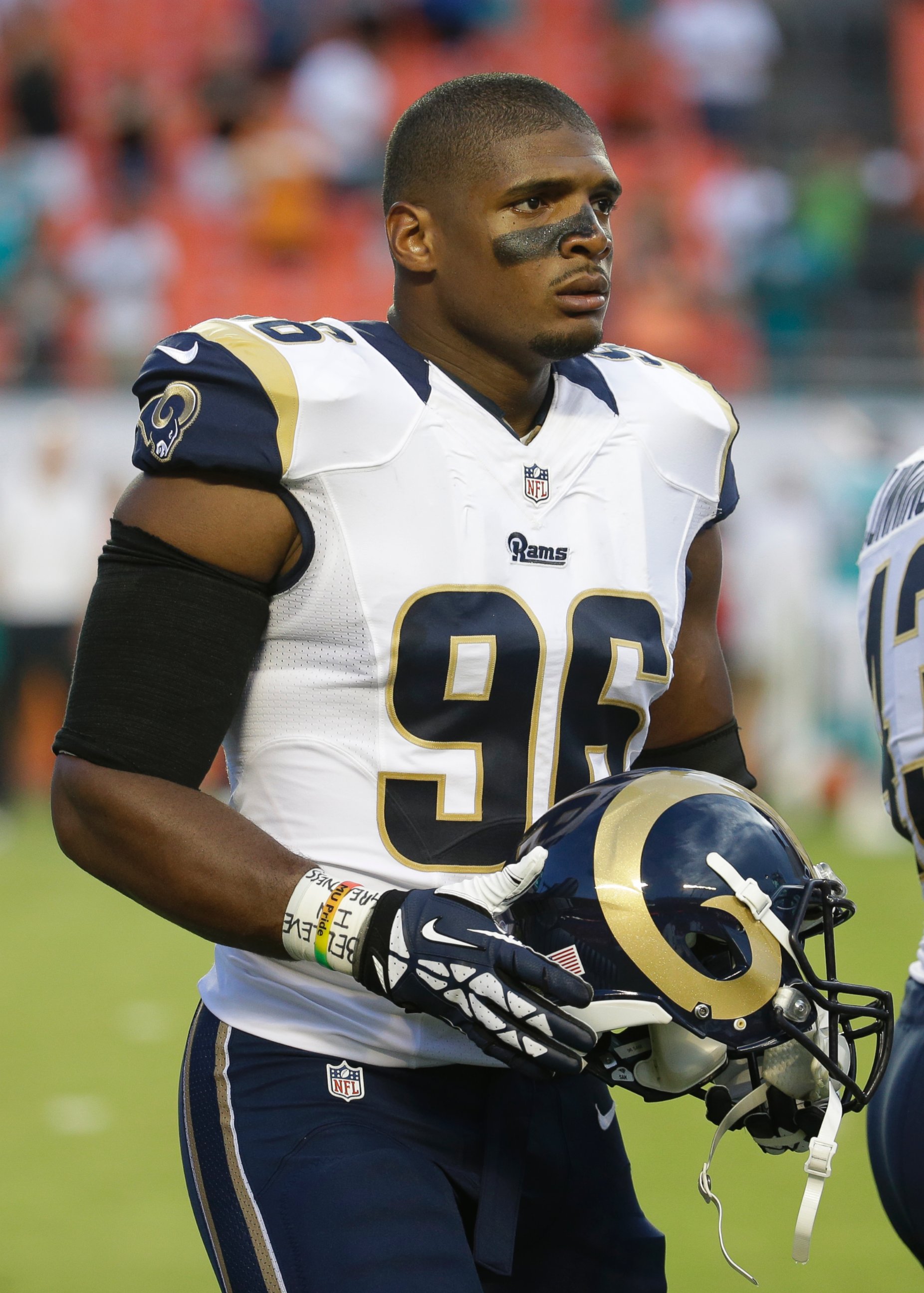 PHOTO: St. Louis Rams defensive end Michael Sam (96) on the sidelines during the first half of an NFL preseason football game against the Miami Dolphins, Aug. 28, 2014 in Miami Gardens, Fla.