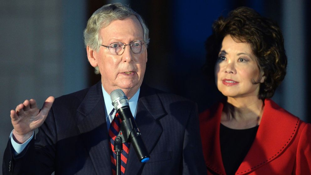 PHOTO: Senate Minority Leader Mitch McConnell of Ky., left, is joined by his wife Elaine Chao as he speaks to media at Donamire Farm in Lexington, Ky., Oct. 2, 2014. 