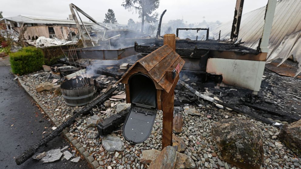 PHOTO: A mailbox is all that remains of one of four mobile homes which were destroyed in a gas fire Sunday, Aug. 24, 2014, at the Napa Valley Mobile Home Park, in Napa, Calif.