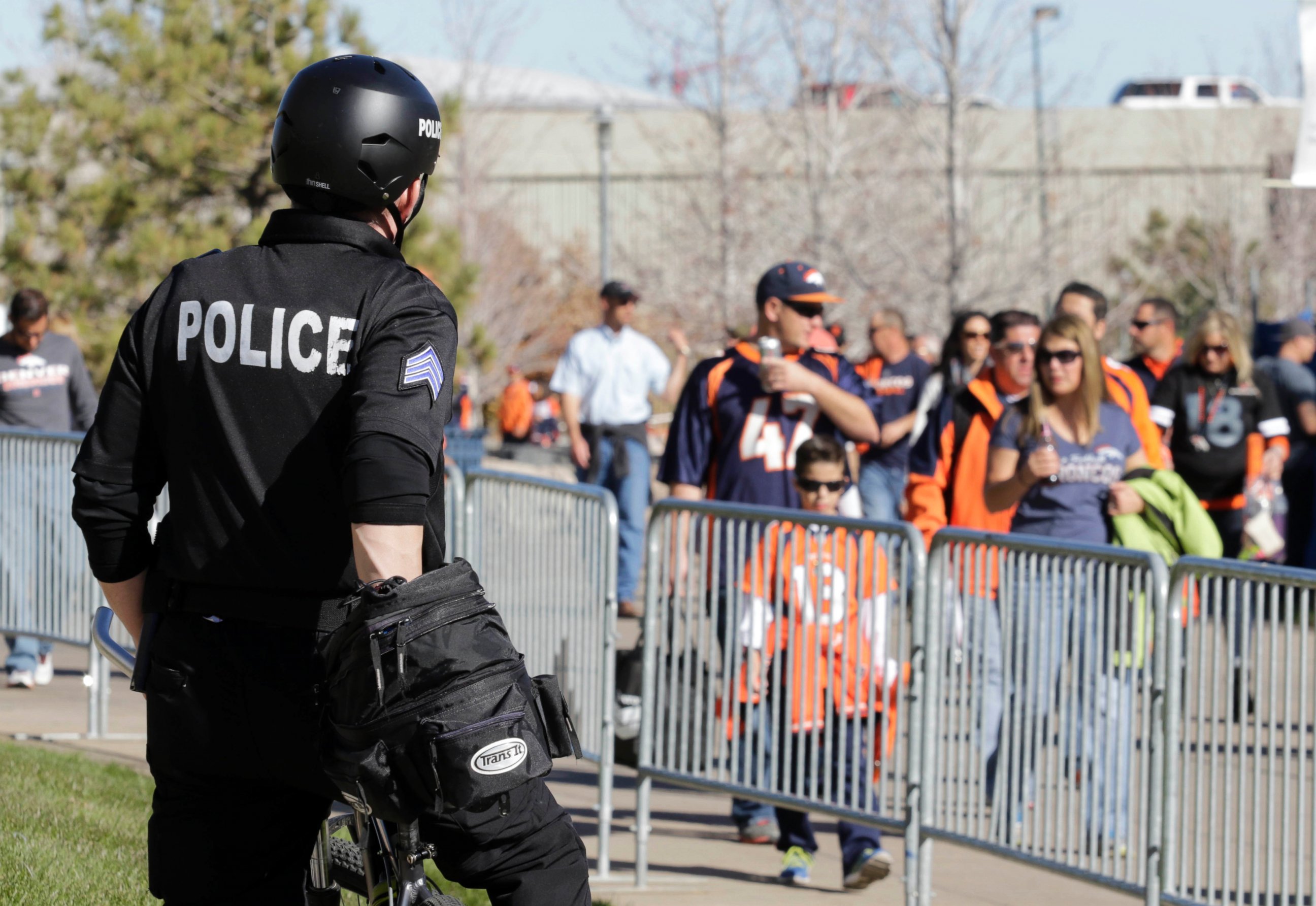 PHOTO: Denver police officers patrol outside Mile High Stadium prior to an NFL football between the Kansas City Chiefs and the Denver Broncos, Nov. 15, 2015, in Denver.