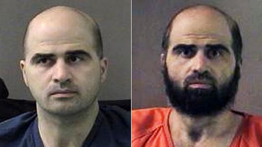 U.S. Major Nidal Hasan, left, at the San Antonio to Bell County Jail in Belton, Texas on April 9, 2010. Hasan, right, is seen in this undated photo provided by the Bell County Sheriff's Dept.
