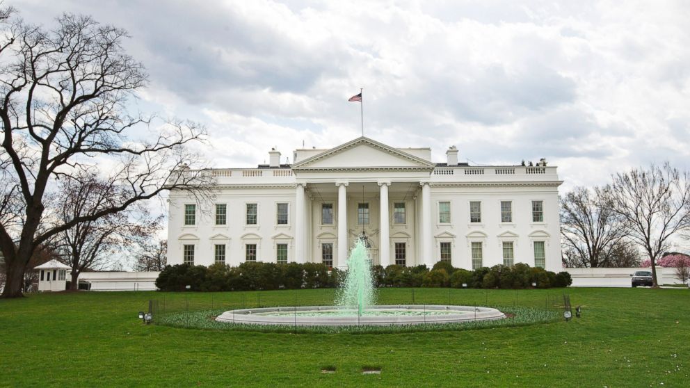 The fountain on the North Lawn of the White House is dyed green in honor of St. Patrick's Day, March 17, 2016.