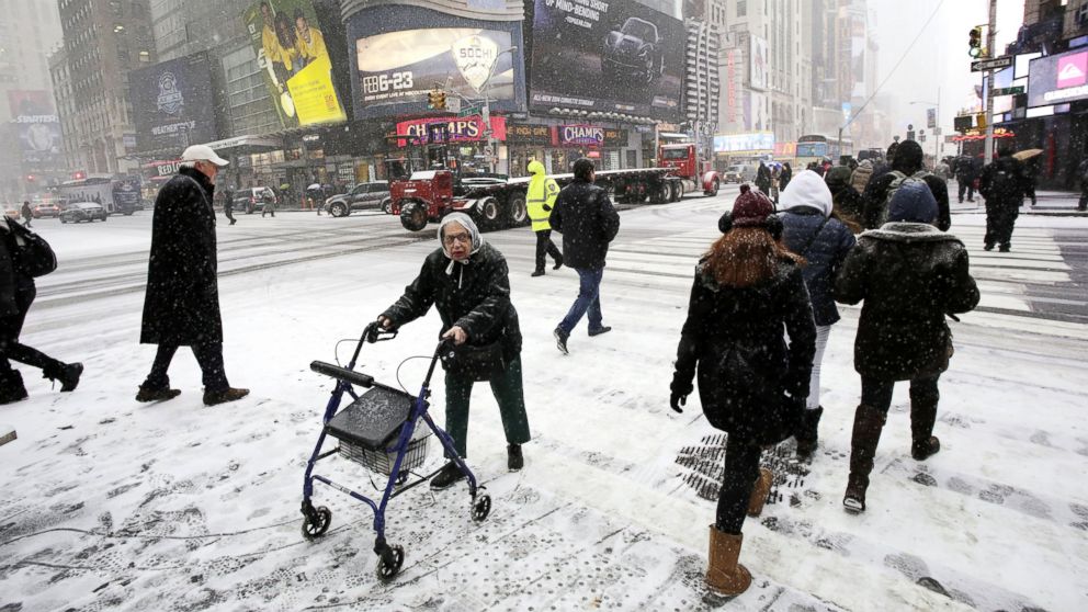 Pedestrians make their way through a snowfall, Jan. 21, 2014 in New York's Times Square.  