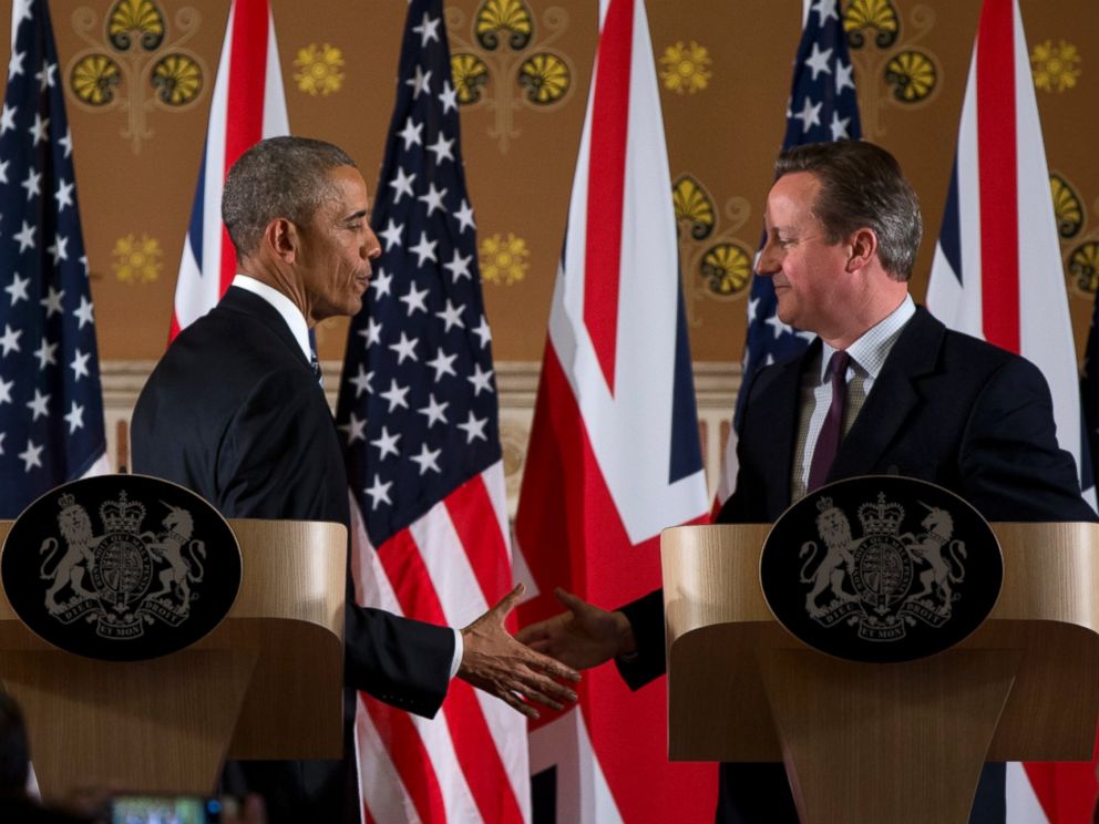 PHOTO: President Barack Obama and British Prime Minister David Cameron shake hands during a joint news conference at 10 Downing Street, Camerons official residence, in London, April 22, 2016.