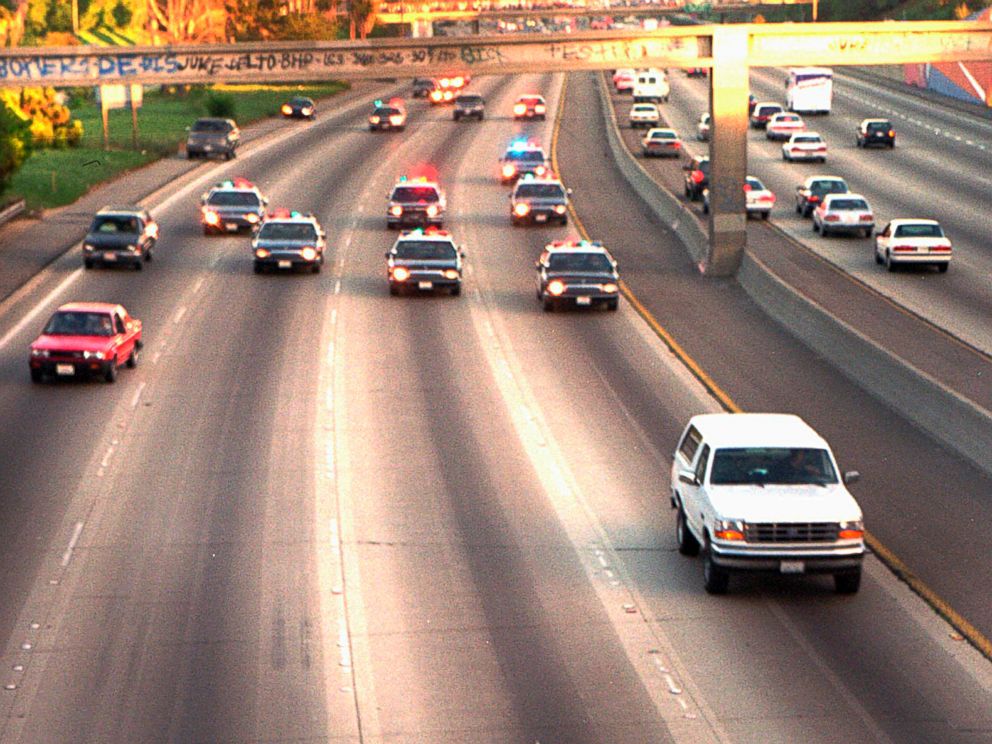 PHOTO: In this June 17, 1994 file photo, a white Ford Bronco, driven by Al Cowlings carrying O.J. Simpson, is trailed by Los Angeles police cars as it travels on a Southern California freeway in Los Angeles.