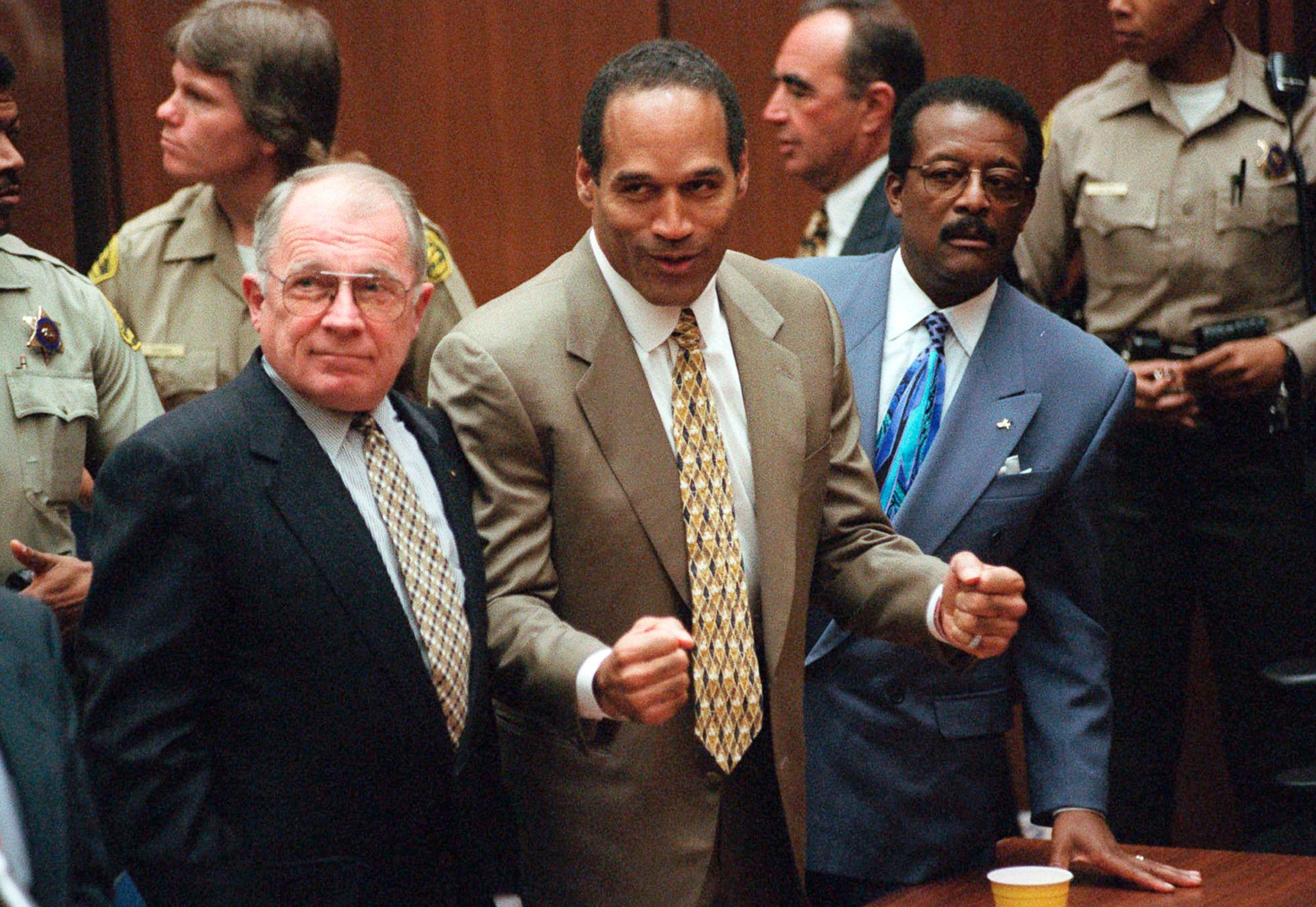 PHOTO: In this Oct. 3, 1995 file photo, O.J. Simpson reacts as he is found not guilty of murdering his ex-wife Nicole Brown Simpson and her friend Ron Goldman, at the Criminal Courts Building in Los Angeles. 