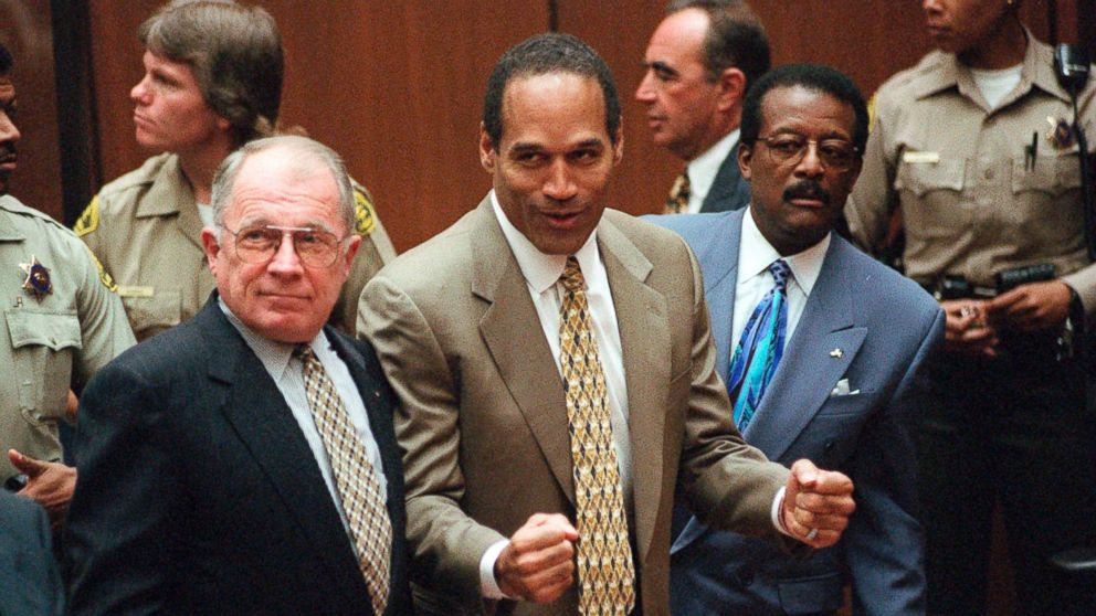 PHOTO: In this Oct. 3, 1995 file photo, O.J. Simpson reacts as he is found not guilty of murdering his ex-wife Nicole Brown Simpson and her friend Ron Goldman, at the Criminal Courts Building in Los Angeles. 