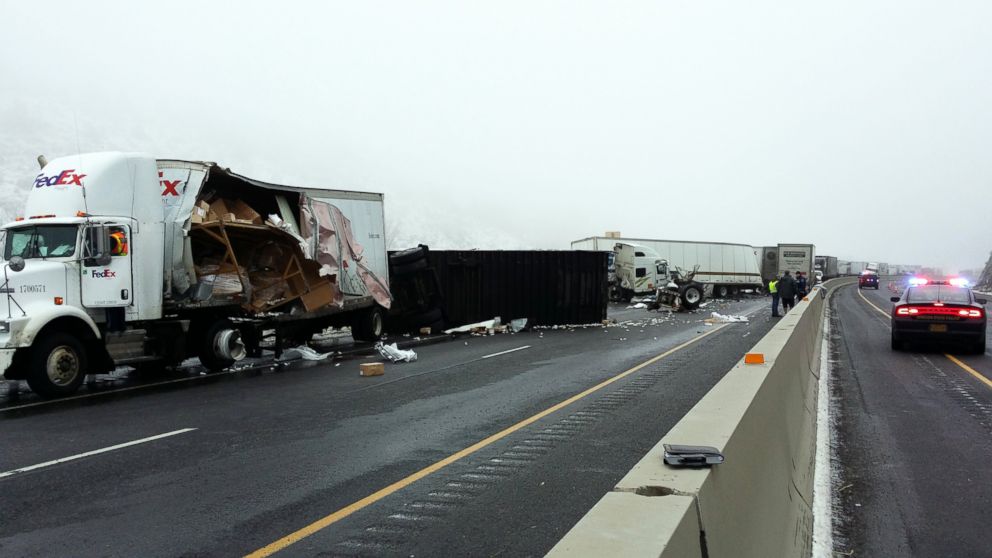 PHOTO: Black ice is believed to be the cause of a freeway pileup involving more than a dozen tractor-trailers on I-84 in Oregon, Jan. 17, 2015.