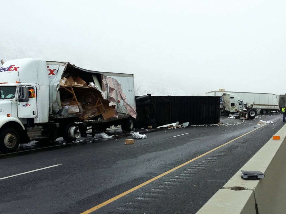 PHOTO: Black ice is believed to be the cause of a freeway pileup involving more than a dozen tractor-trailers on I-84 in Oregon, Jan. 17, 2015.