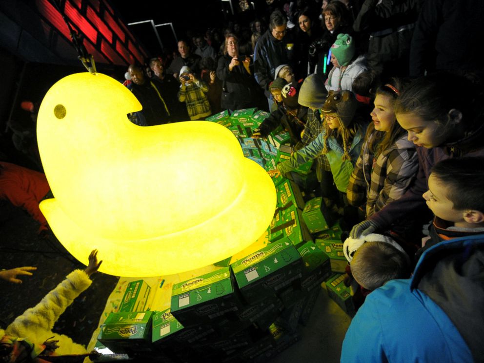 PHOTO: Children gather around a large Peep after it was dropped during a New Years Eve celebration, Dec. 31, 2011, at the Levitt Pavillion on the Steelstacks Campus in Bethlehem, Pa.